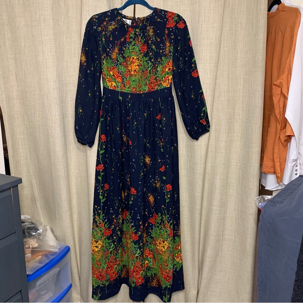 Vintage 70s Floral Maxi Dress Blue Colorful Sz 8 Sheer Long Sleeve Elegant Gown - Picture 16 of 16